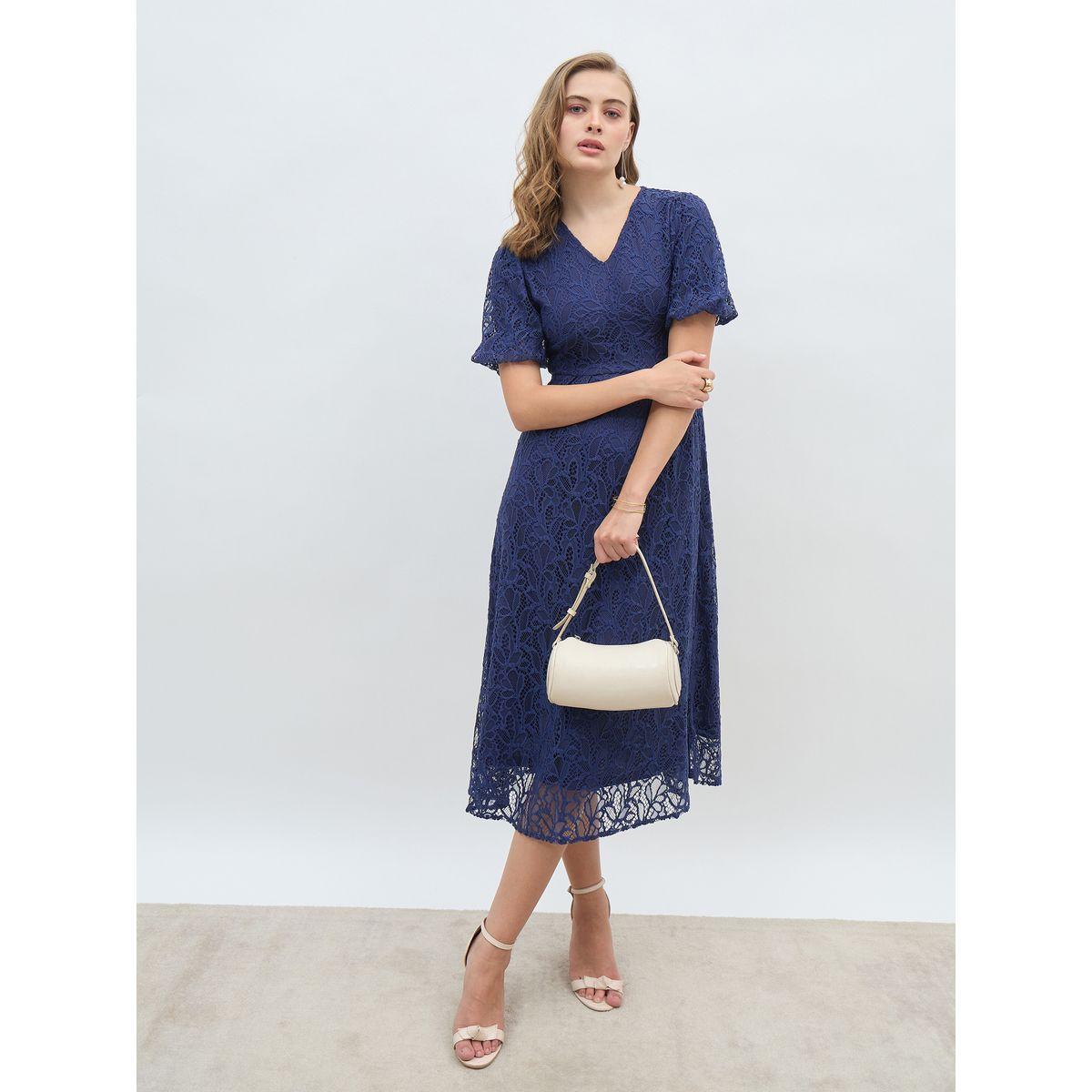 Styli Solid Lace Balloon Sleeves A-Line Midi Dress-women-clothing-dresses-image-1