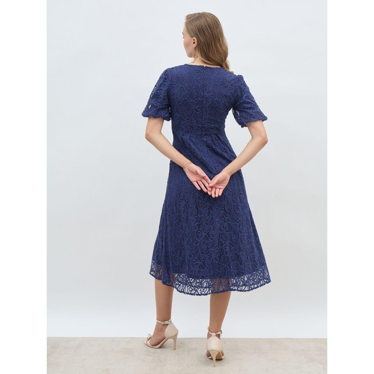 Styli Solid Lace Balloon Sleeves A-Line Midi Dress-women-clothing-dresses-image-5