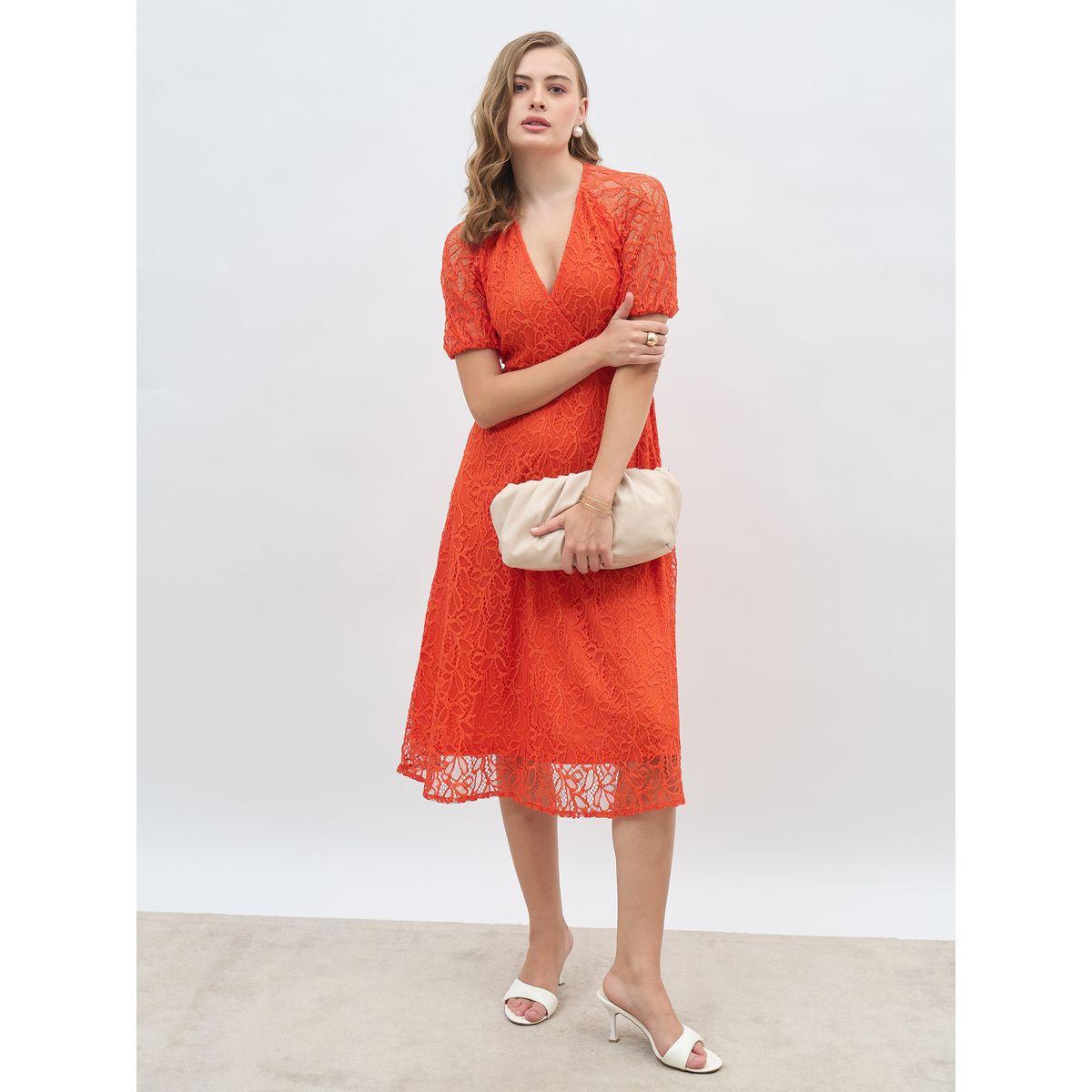 فستان ميدي سادة بنمط لف وأكمام قصيرة-women-clothing-dresses-image-1