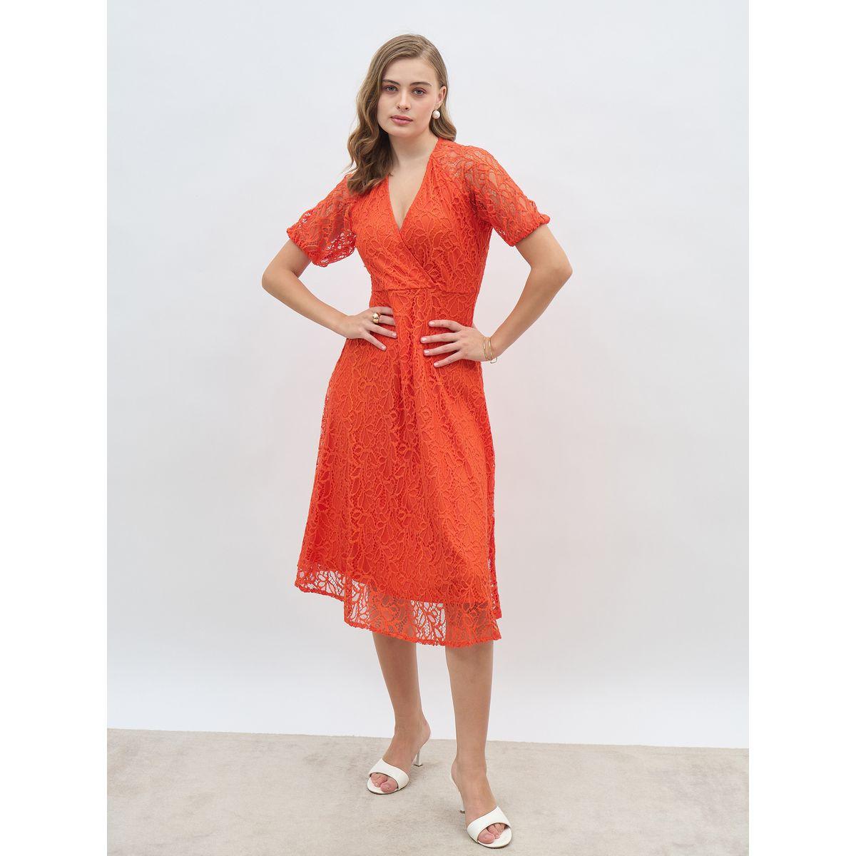 فستان ميدي سادة بنمط لف وأكمام قصيرة-women-clothing-dresses-image-2