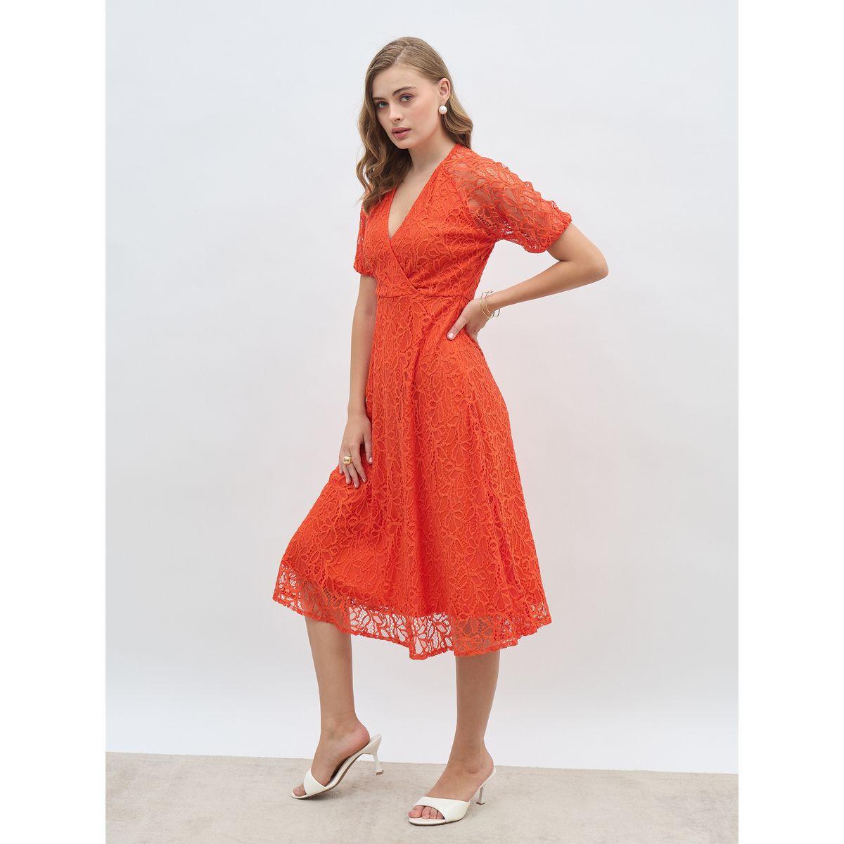 فستان ميدي سادة بنمط لف وأكمام قصيرة-women-clothing-dresses-image-3