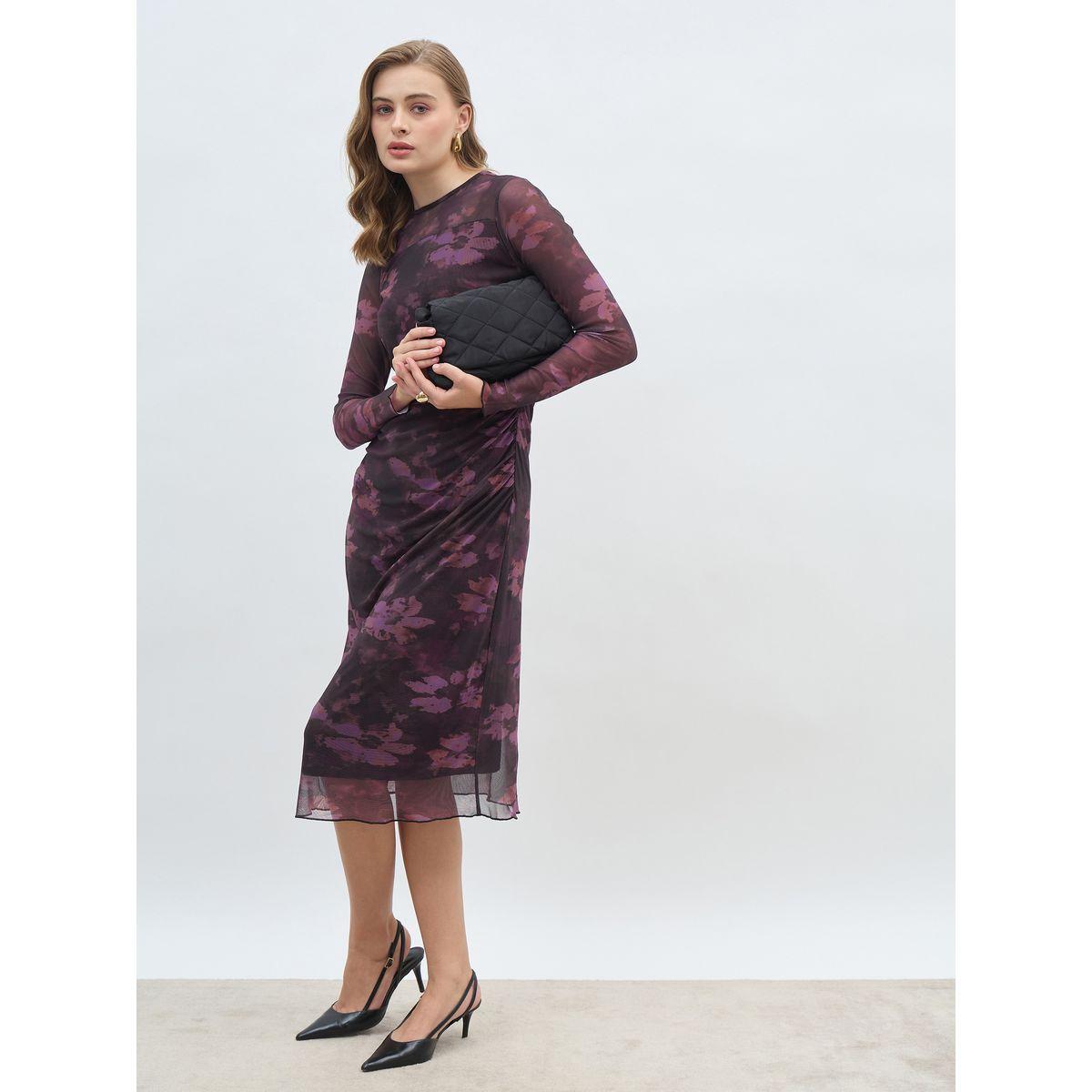 Styli All-Over Print Ruched Mesh Sheath Midi Dress-women-clothing-dresses-image-1