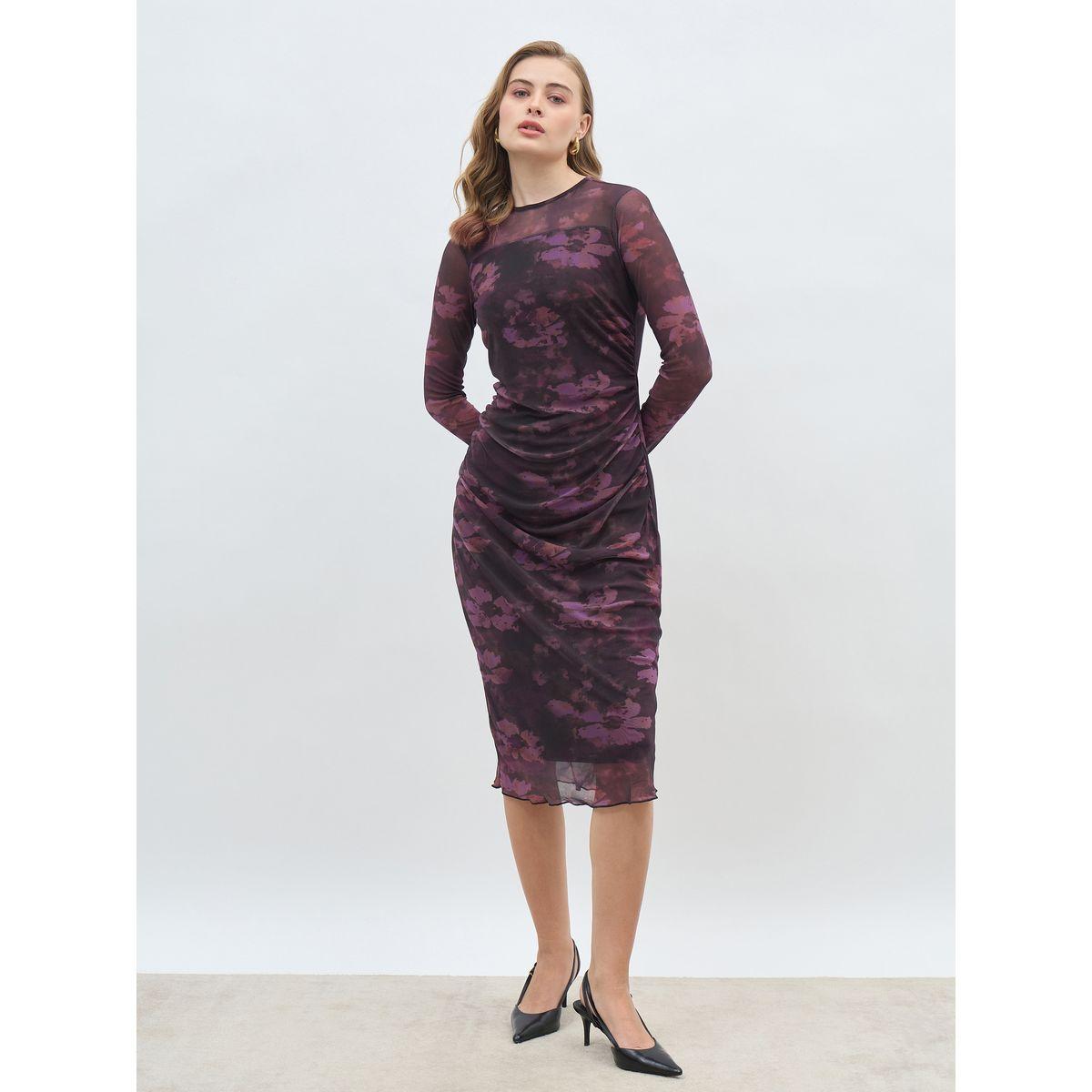 Styli All-Over Print Ruched Mesh Sheath Midi Dress-women-clothing-dresses-image-2