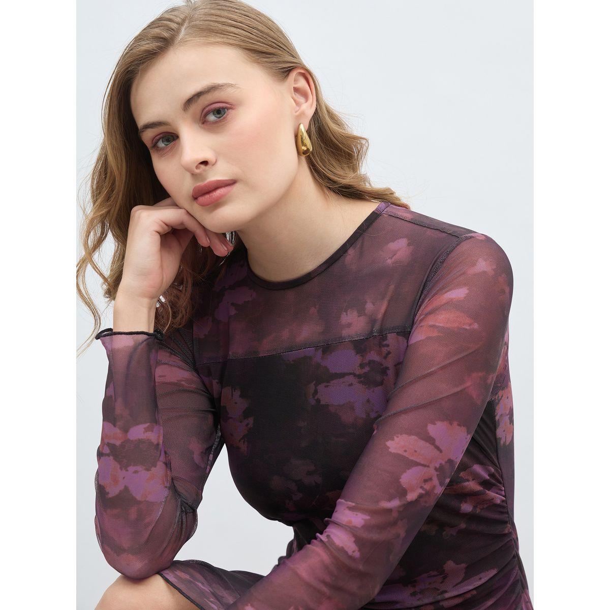 Styli All-Over Print Ruched Mesh Sheath Midi Dress-women-clothing-dresses-image-4