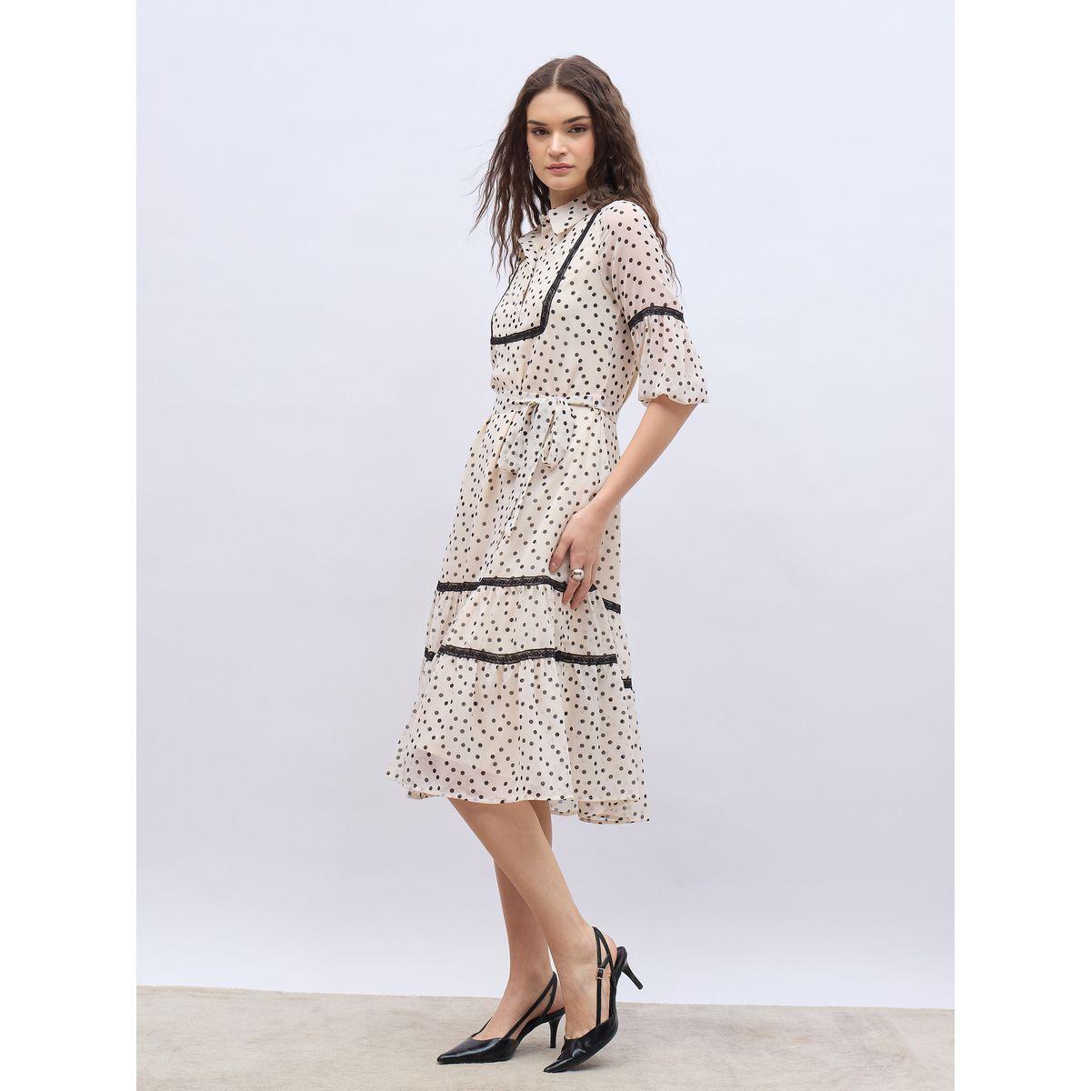 Styli Polka Dot Print Collared A-Line Midi Dress with Lace Detail-women-clothing-dresses-image-3