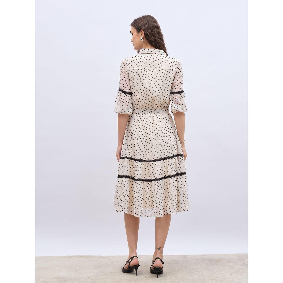 Styli Polka Dot Print Collared A-Line Midi Dress with Lace Detail-women-clothing-dresses-image-5
