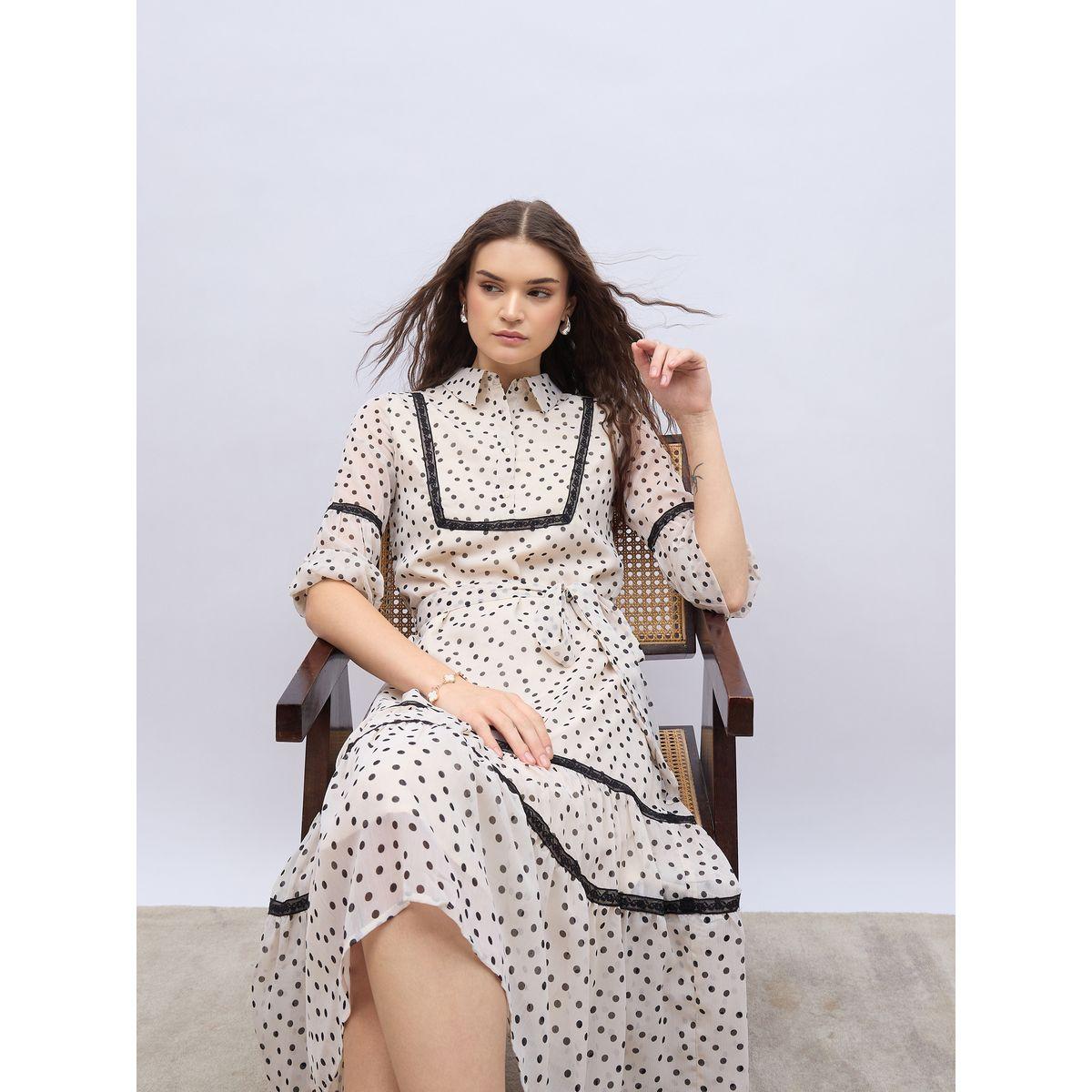 Styli Polka Dot Print Collared A-Line Midi Dress with Lace Detail-women-clothing-dresses-image-6