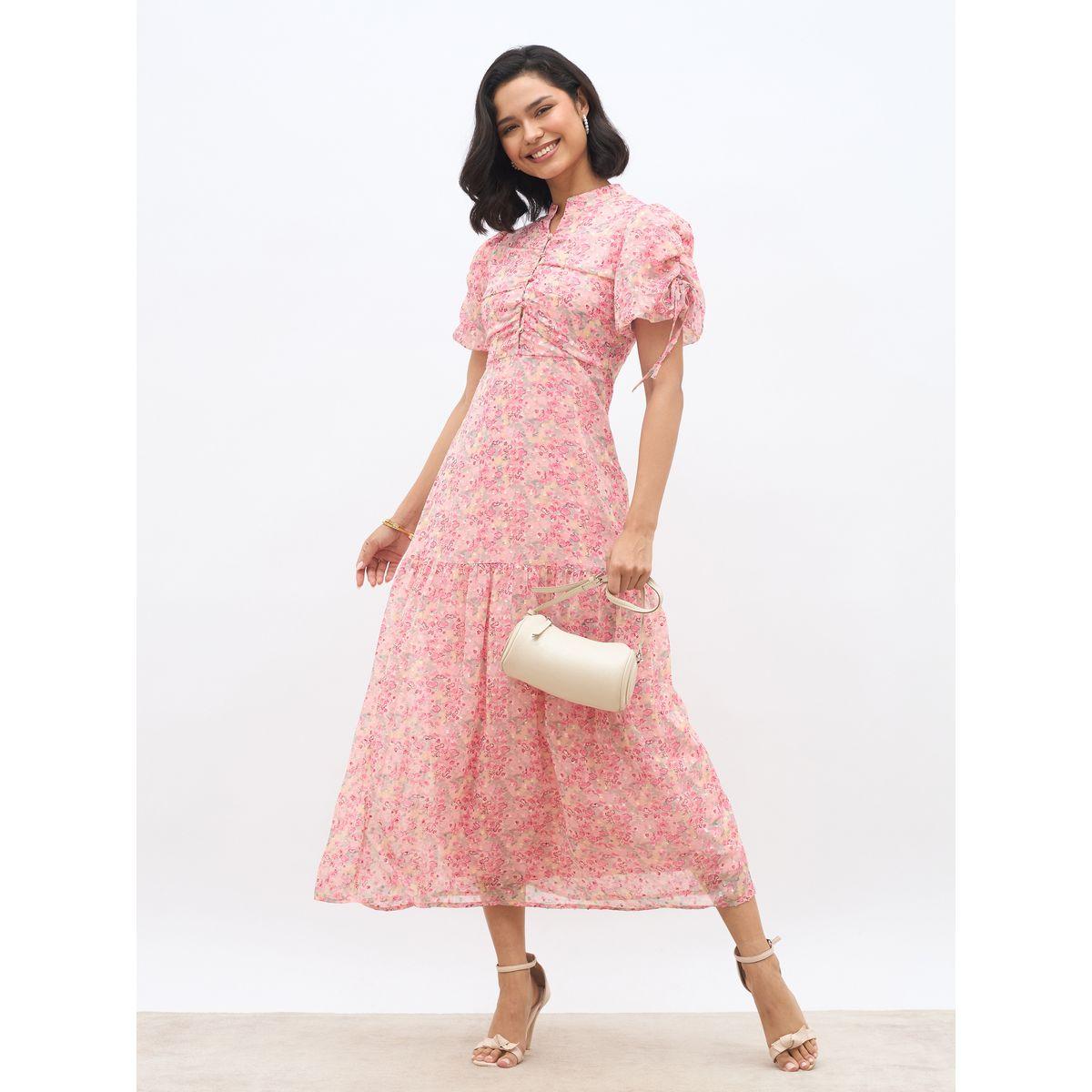 فستان طويل مطبع بزهور وأكمام بالون-women-clothing-dresses-image-1