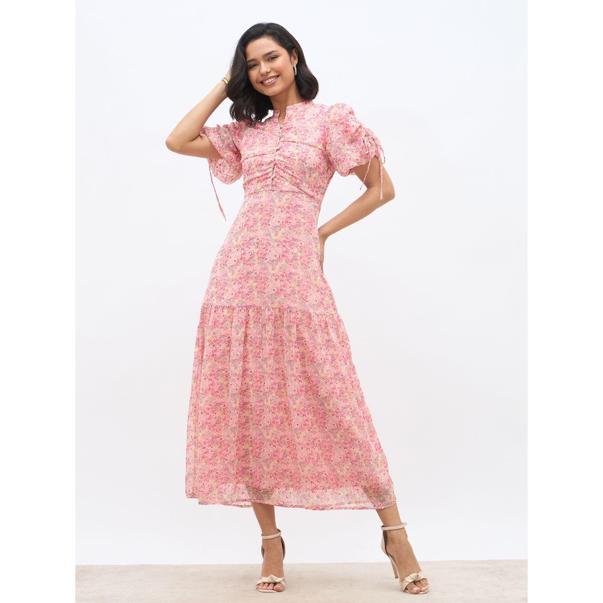 فستان طويل مطبع بزهور وأكمام بالون-women-clothing-dresses-image-2