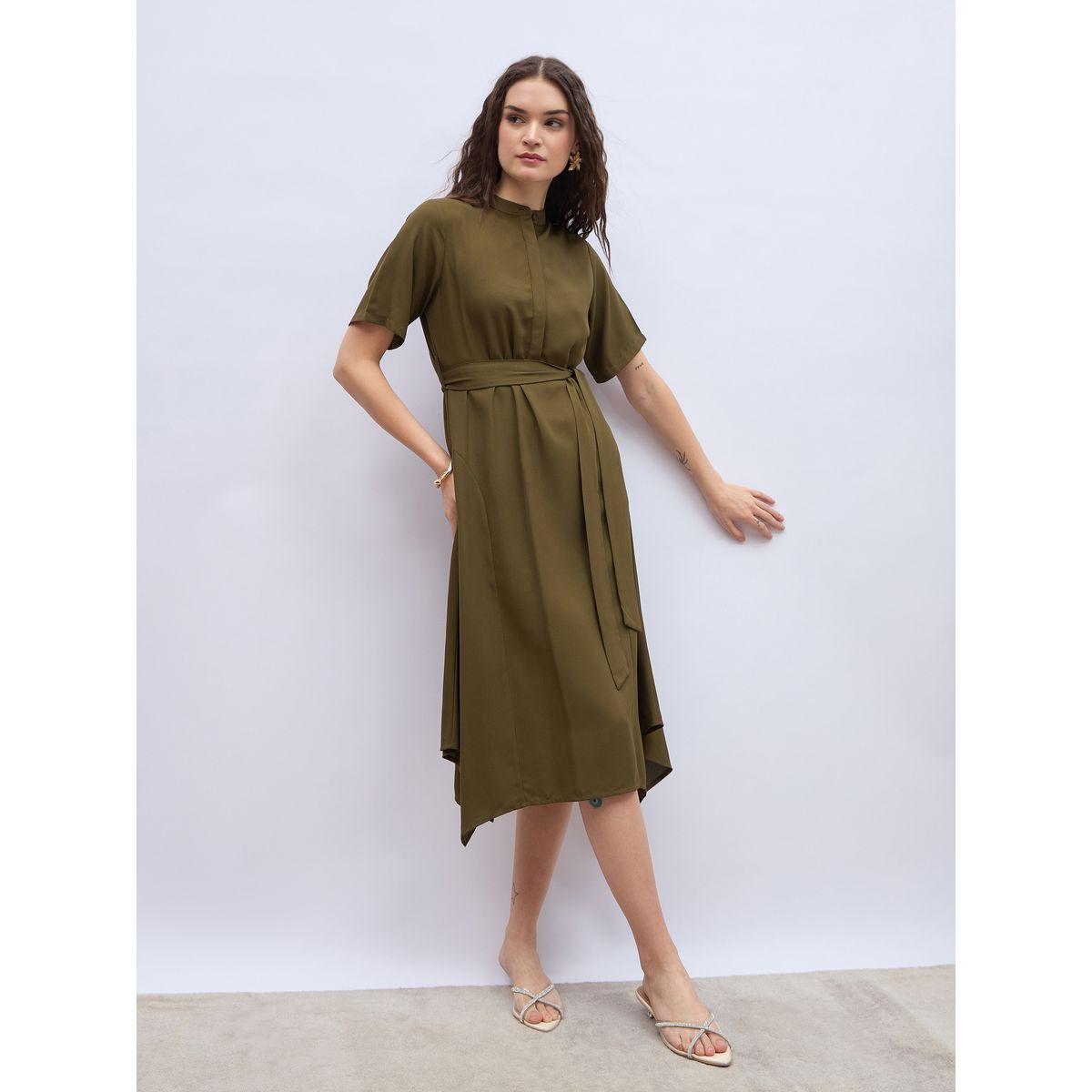 Styli Women Olive Solid Collared Shirt Dress with Asymmetric Hem-women-clothing-dresses-image-1