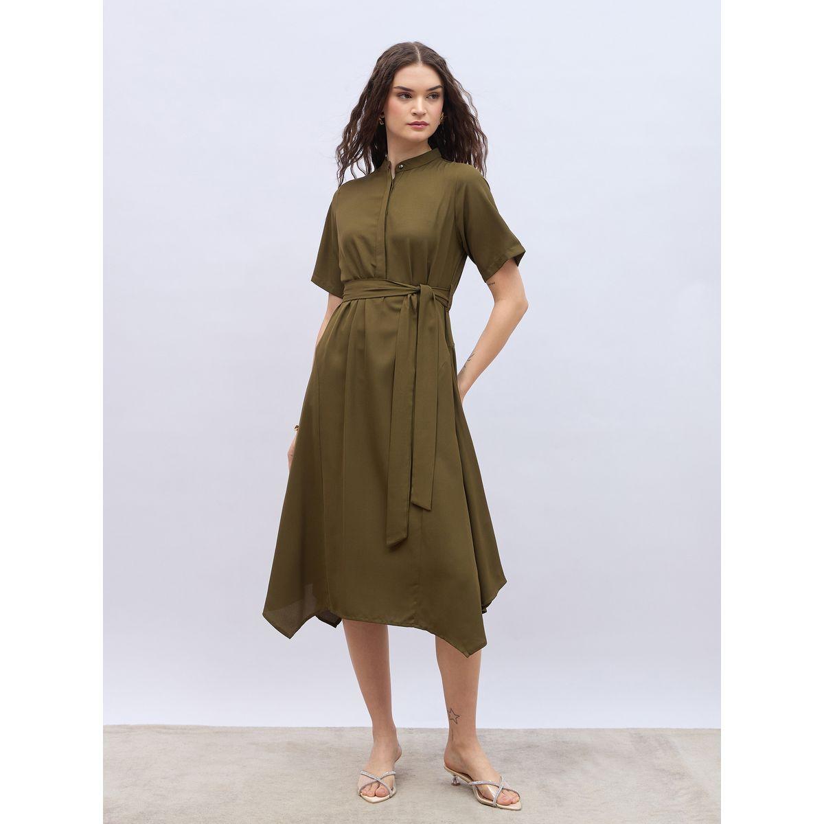 فستان سادة بنمط بلوزة وحافة غير متماثلة الطول-women-clothing-dresses-image-2