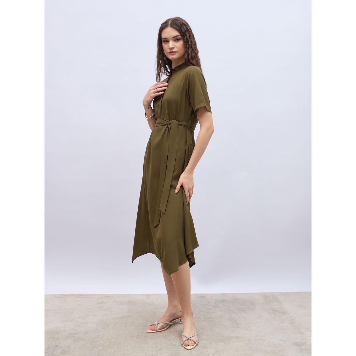Styli Women Olive Solid Collared Shirt Dress with Asymmetric Hem-women-clothing-dresses-image-3
