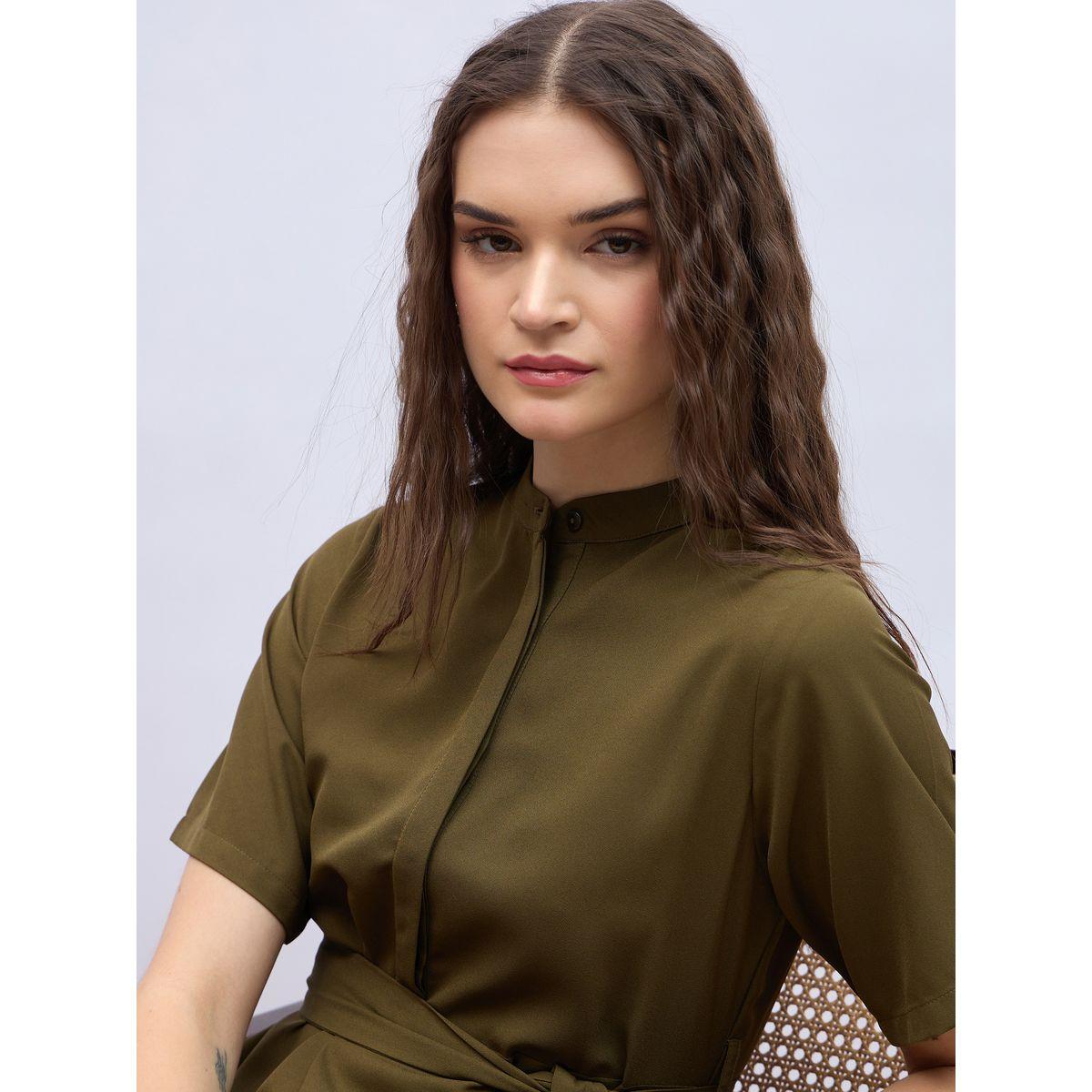فستان سادة بنمط بلوزة وحافة غير متماثلة الطول-women-clothing-dresses-image-4
