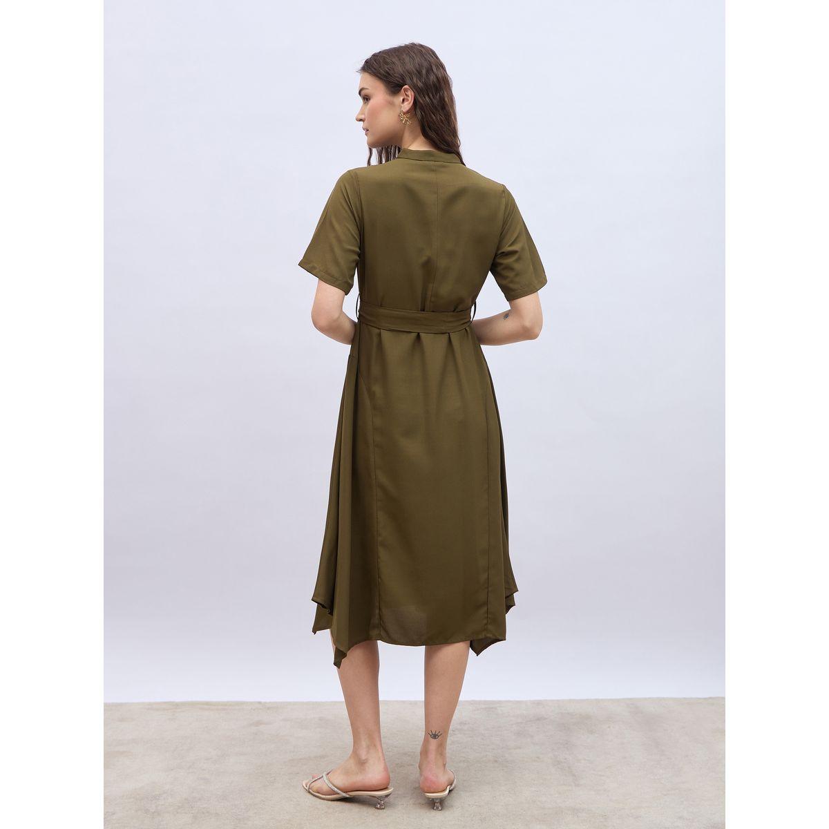 Styli Women Olive Solid Collared Shirt Dress with Asymmetric Hem-women-clothing-dresses-image-5