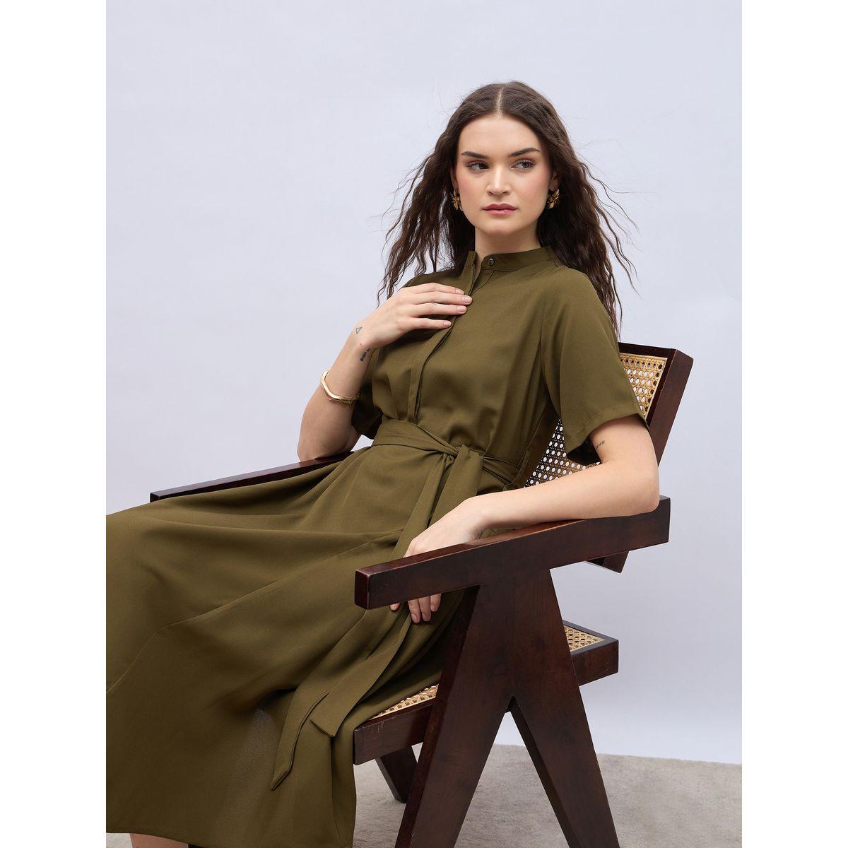 Styli Women Olive Solid Collared Shirt Dress with Asymmetric Hem-women-clothing-dresses-image-6