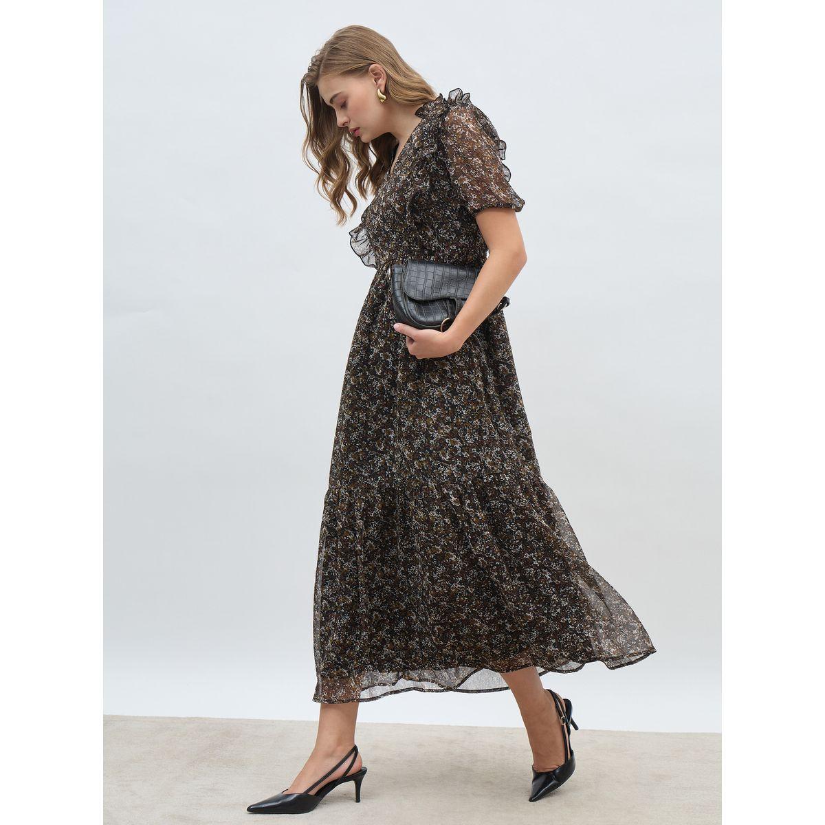 فستان طويل مطبع بالكام مع أكمام منفوخة وكشكش-women-clothing-dresses-image-1