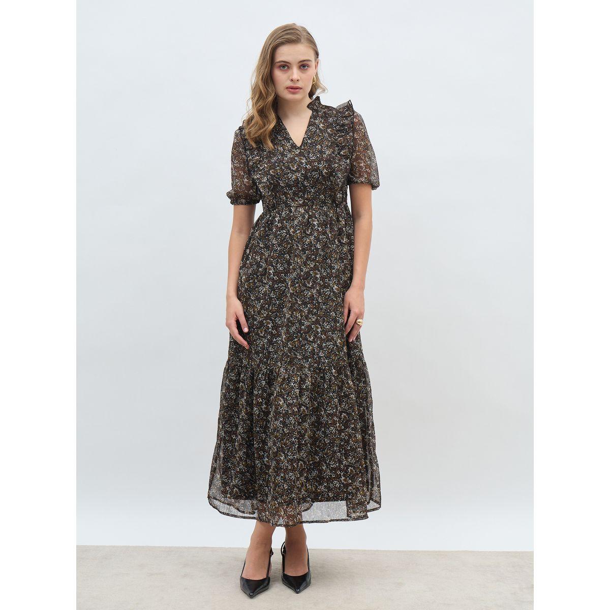 فستان طويل مطبع بالكام مع أكمام منفوخة وكشكش-women-clothing-dresses-image-2