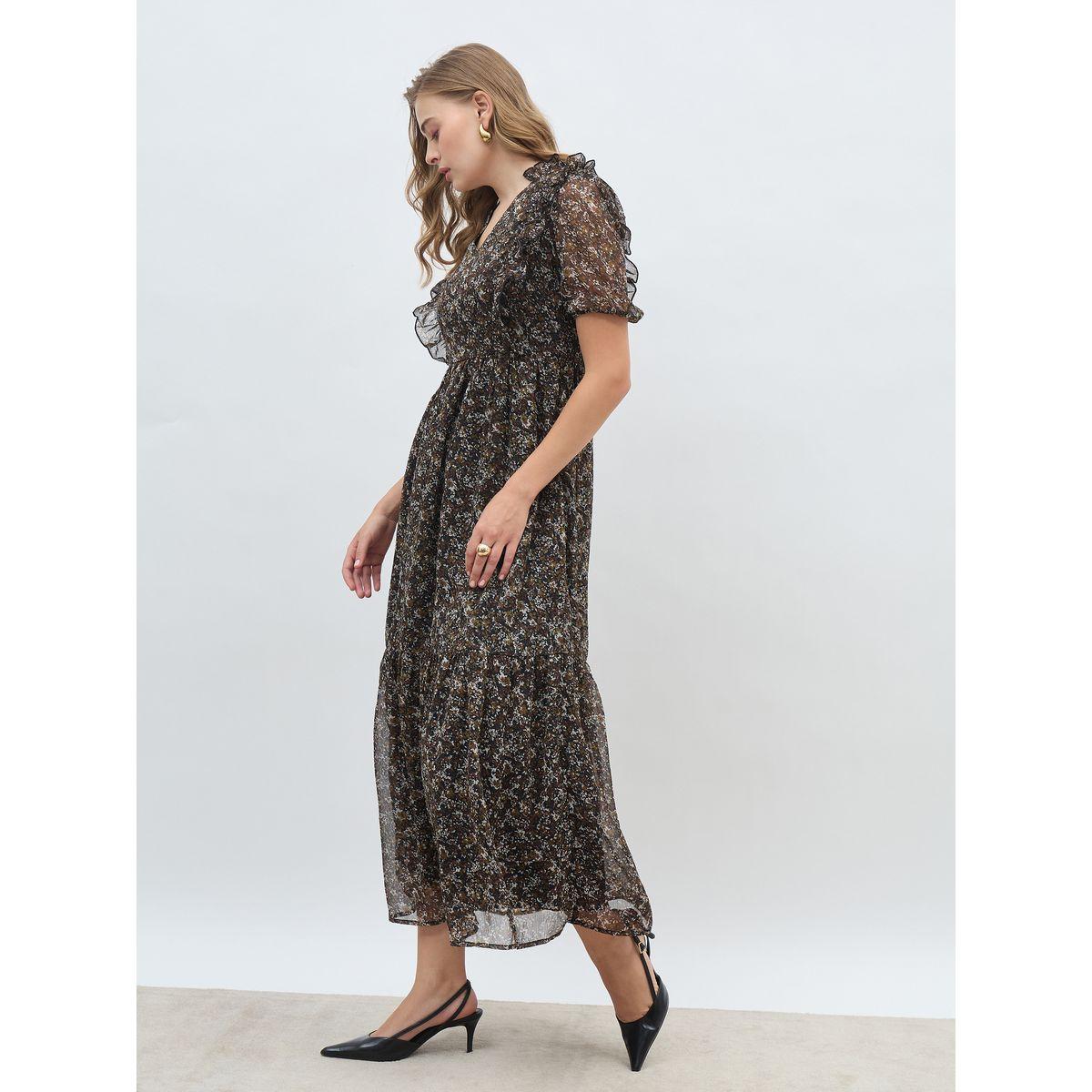 فستان طويل مطبع بالكام مع أكمام منفوخة وكشكش-women-clothing-dresses-image-3