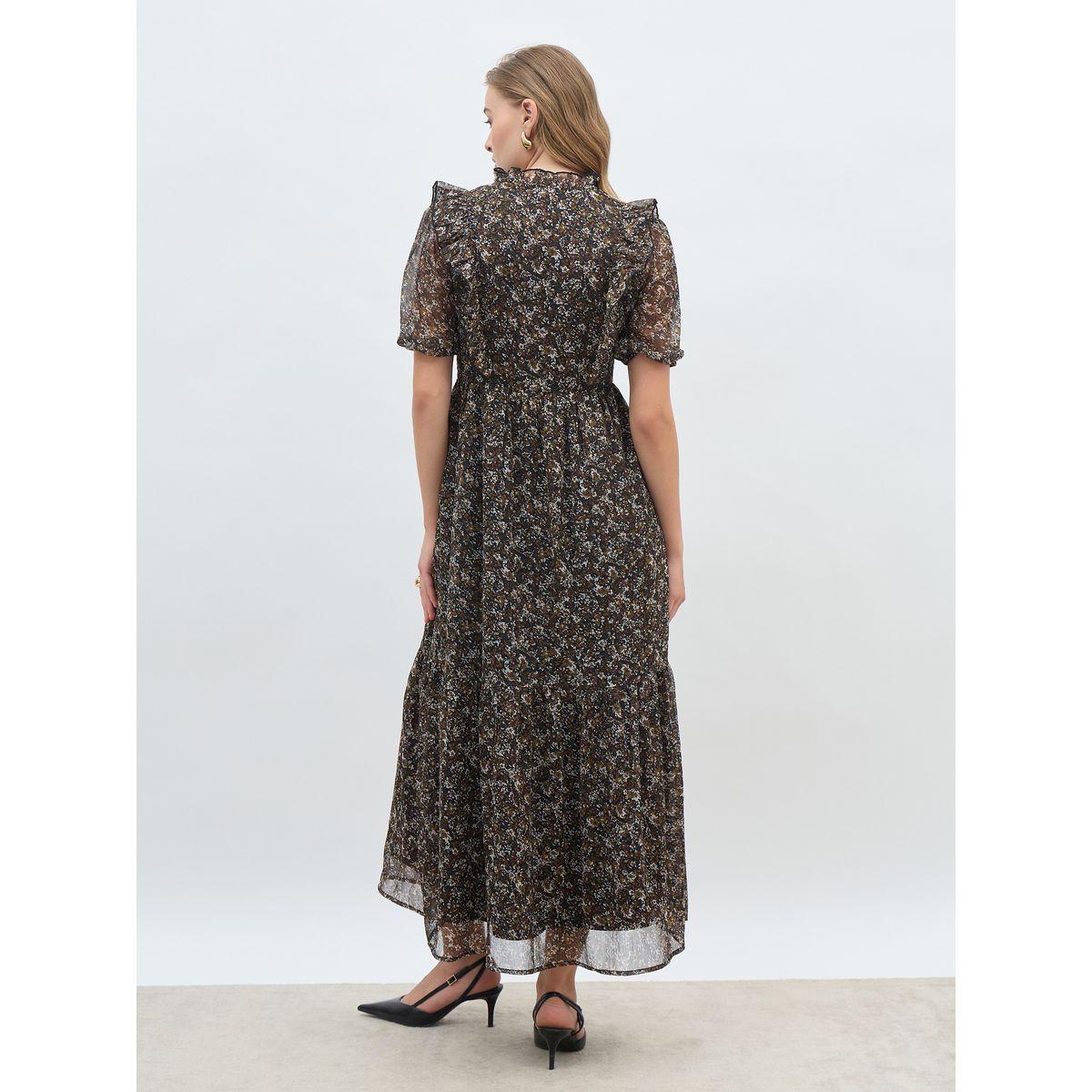 فستان طويل مطبع بالكام مع أكمام منفوخة وكشكش-women-clothing-dresses-image-5