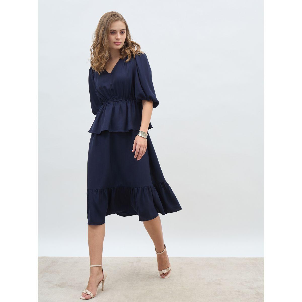 Styli Solid V Neck Peplum Style A-Line Midi Dress-women-clothing-dresses-image-1