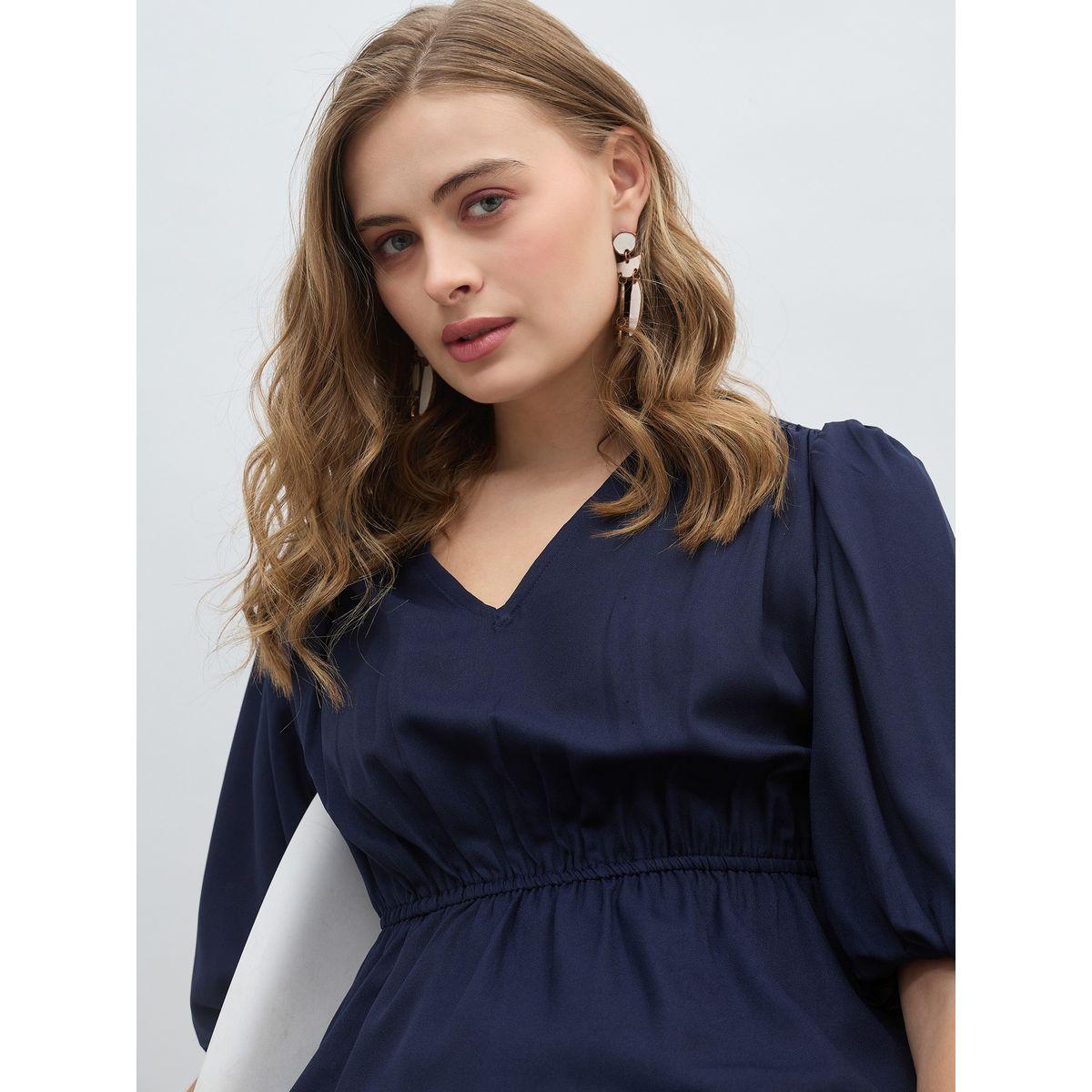 Styli Solid V Neck Peplum Style A-Line Midi Dress-women-clothing-dresses-image-4