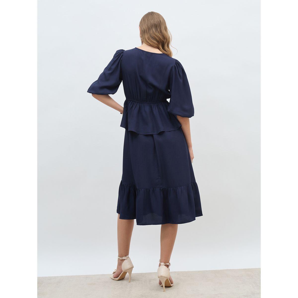 Styli Solid V Neck Peplum Style A-Line Midi Dress-women-clothing-dresses-image-5