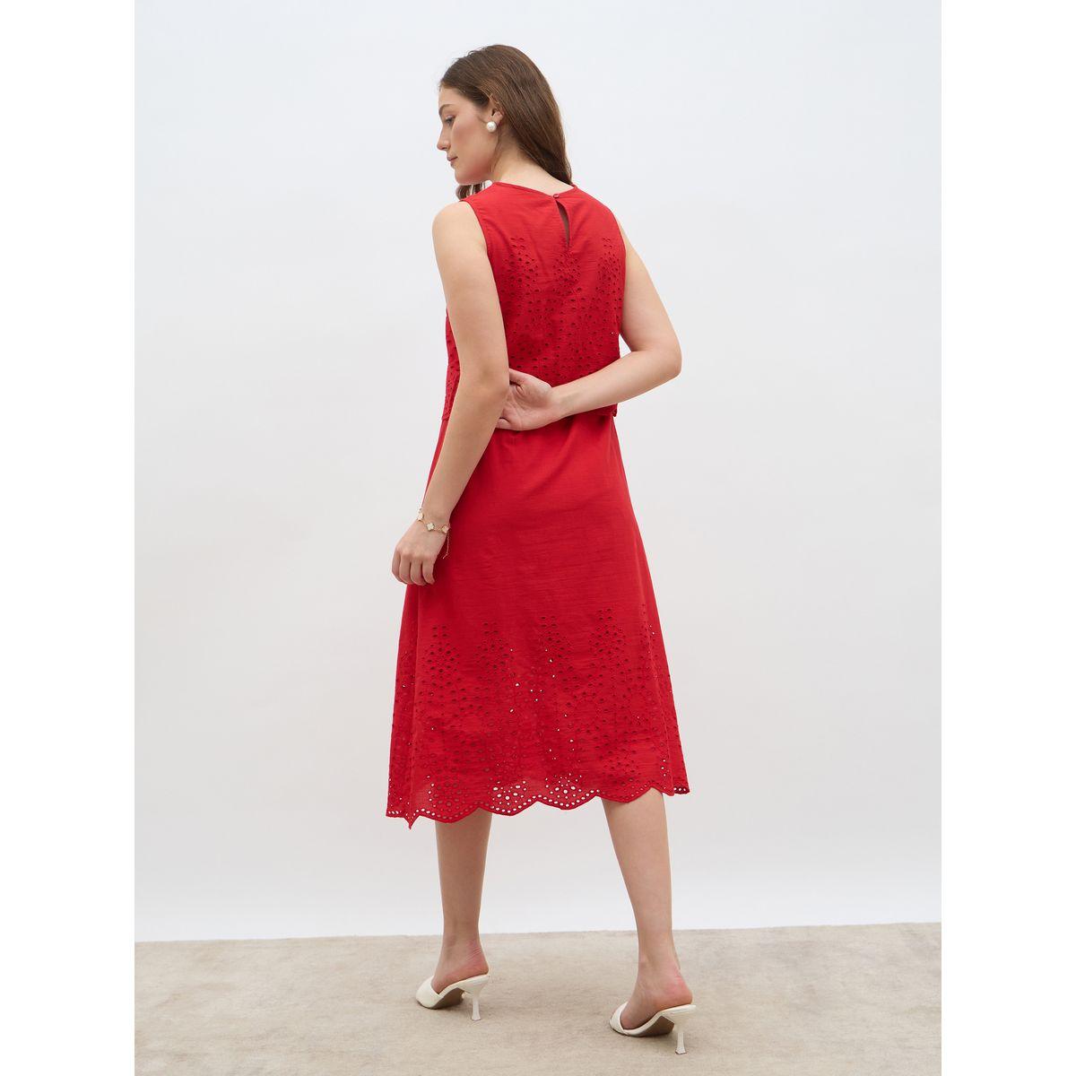 فستان ميدي بلا أكمام بتفاصيل شيفلي وحافة واسعة-women-clothing-dresses-image-5