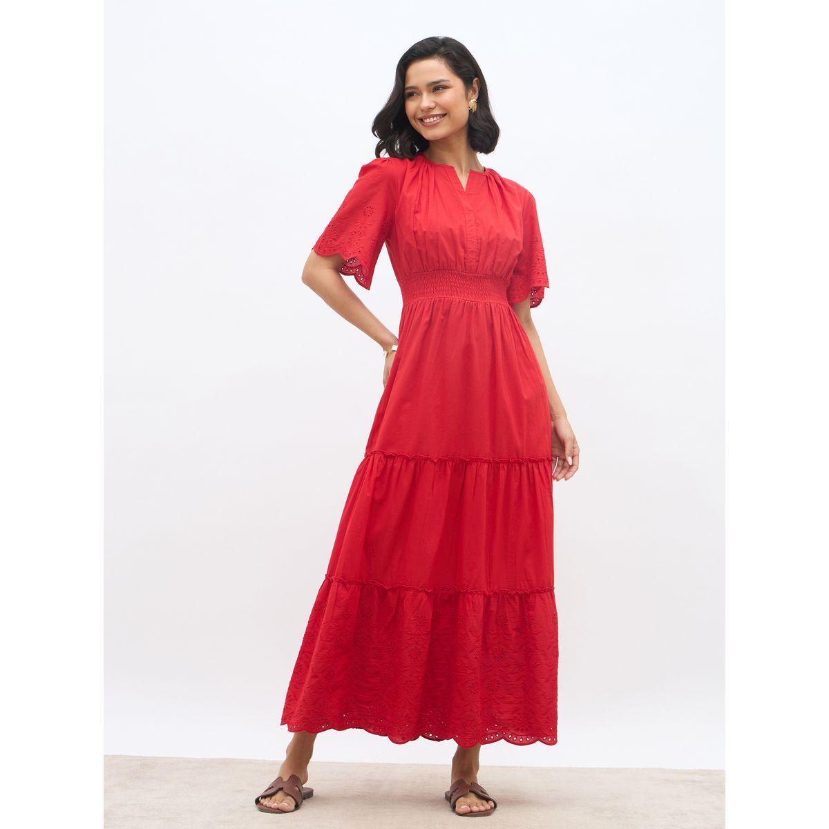 Styli Schiffli Trim Smocked Detail Tiered Maxi Dress-women-clothing-dresses-image-2