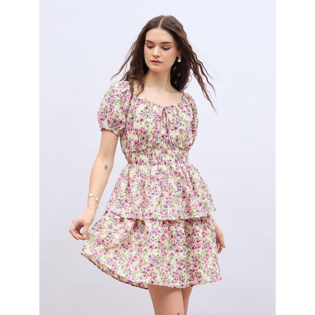 Styli Floral Print Ruff Sleeve Smocked Detail Knee-Length Dress-women-clothing-dresses-image-2