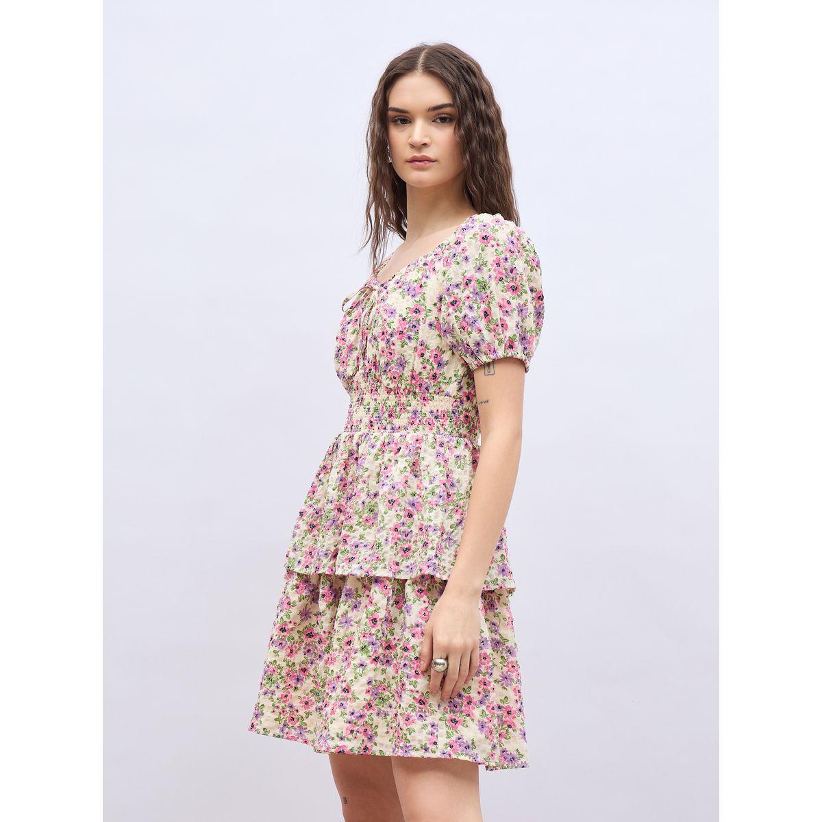 فستان بطول الركبة مطبع بزهور مع أكمام منفوخة-women-clothing-dresses-image-3