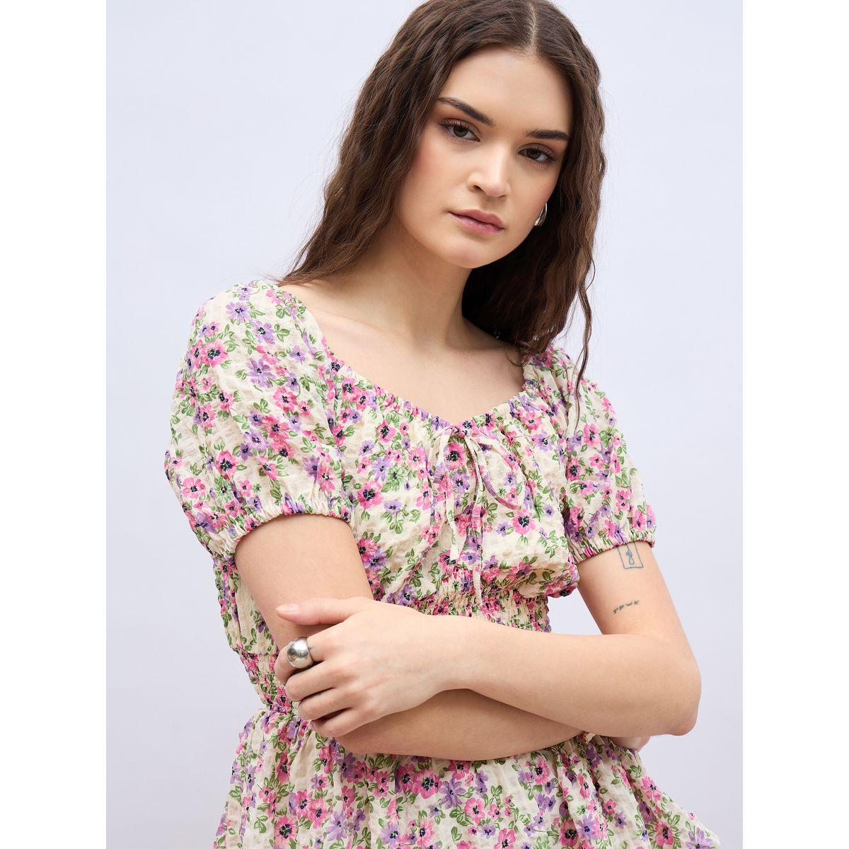 Styli Floral Print Ruff Sleeve Smocked Detail Knee-Length Dress-women-clothing-dresses-image-4