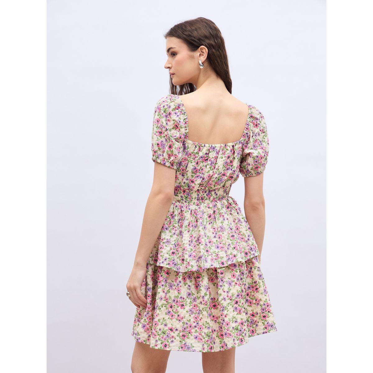 فستان بطول الركبة مطبع بزهور مع أكمام منفوخة-women-clothing-dresses-image-5