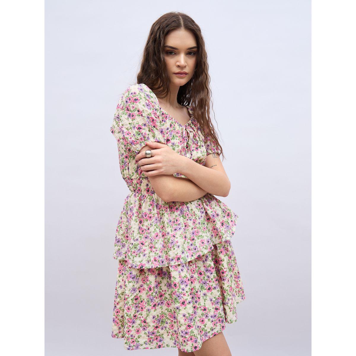 Styli Floral Print Ruff Sleeve Smocked Detail Knee-Length Dress-women-clothing-dresses-image-6
