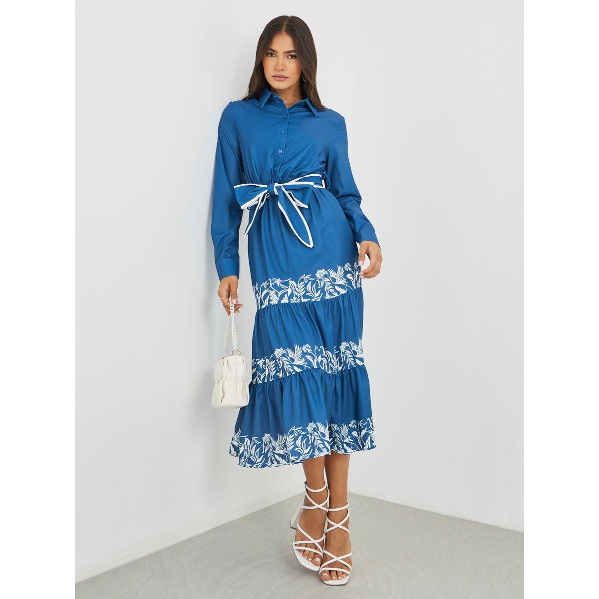 فستان ميدي بكسرات وأكمام طويلة مع حزام-women-clothing-dresses-image-1