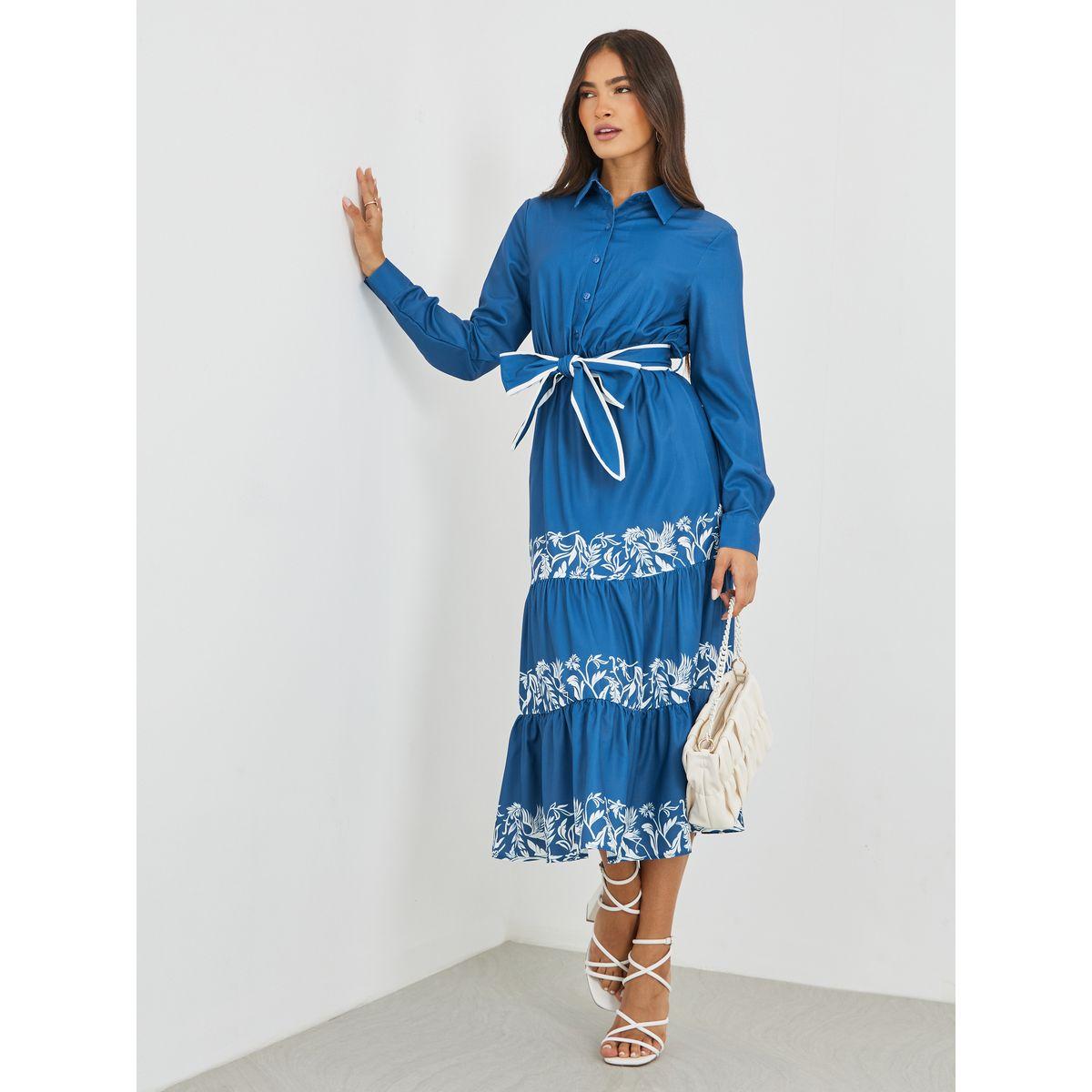فستان ميدي بكسرات وأكمام طويلة مع حزام-women-clothing-dresses-image-2