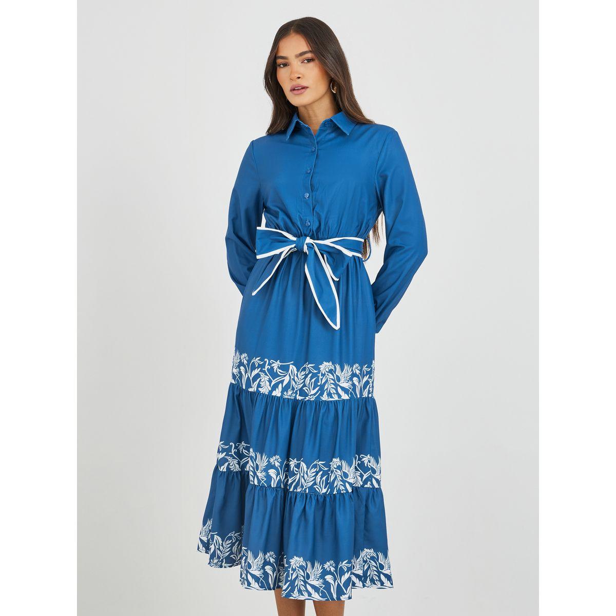 Styli Printed Long Sleeves Tiered Midi Dress with Belt-women-clothing-dresses-image-3