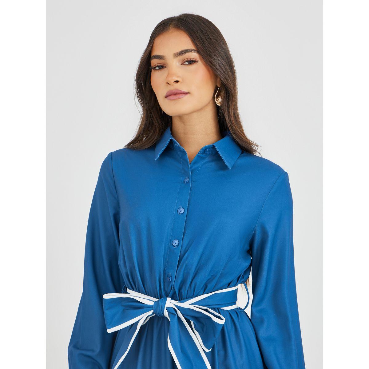 فستان ميدي بكسرات وأكمام طويلة مع حزام-women-clothing-dresses-image-4