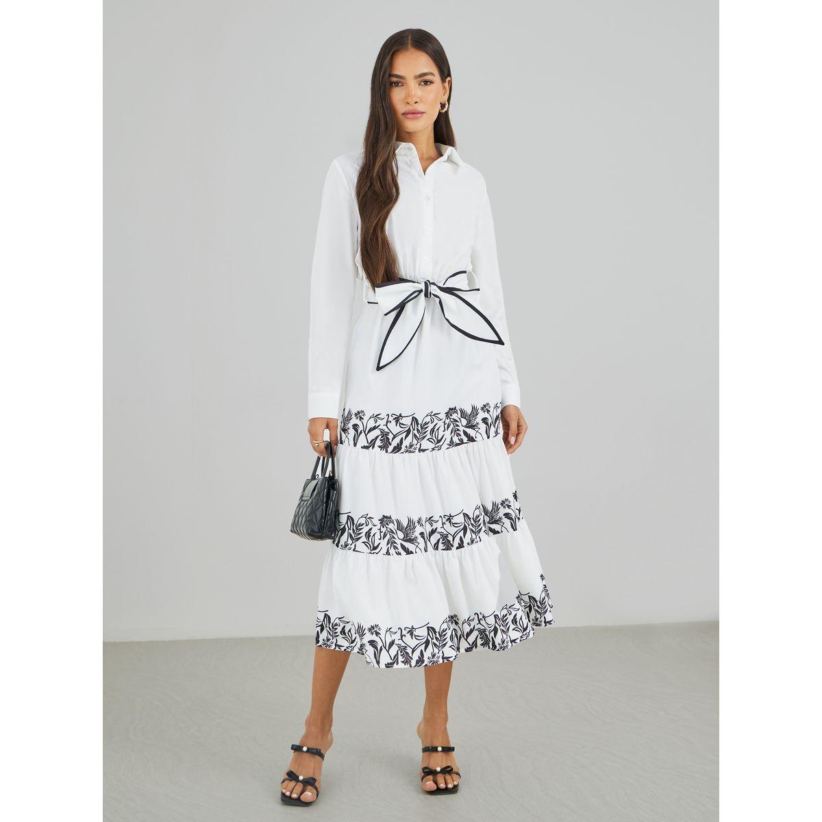 Styli Printed Long Sleeves Tiered Midi Dress with Belt-women-clothing-dresses-image-1