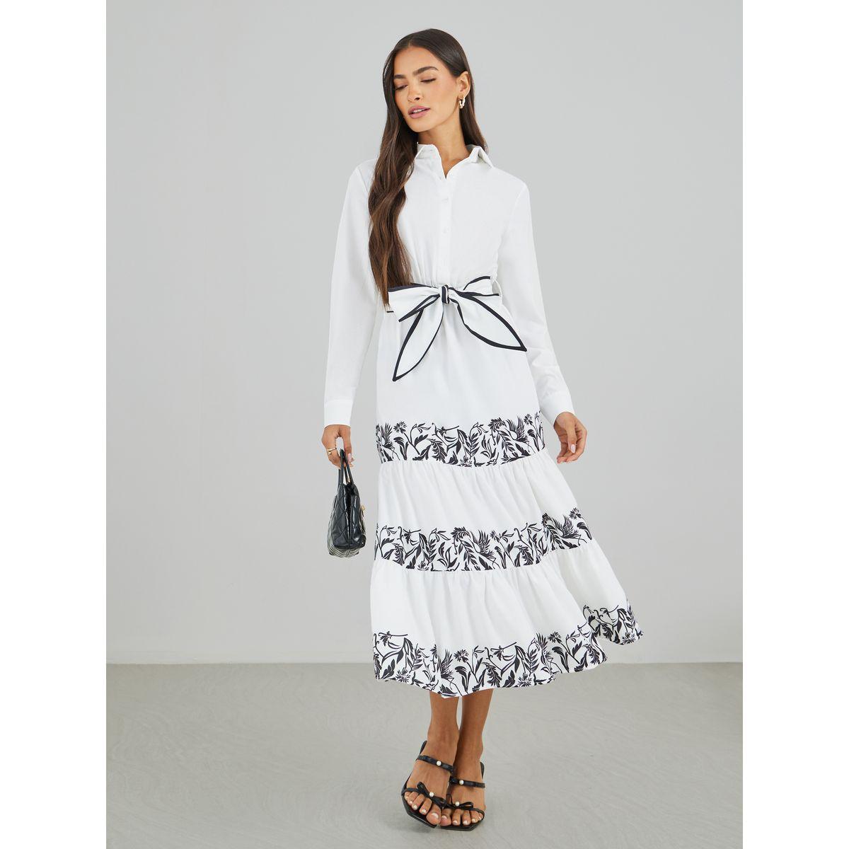 Styli Printed Long Sleeves Tiered Midi Dress with Belt-women-clothing-dresses-image-2