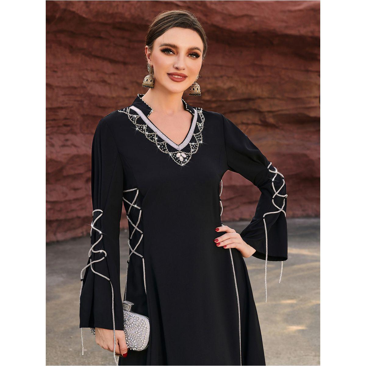 فستان طويل منمق بأكمام واسعة وأربطة-women-clothing-dresses-image-1