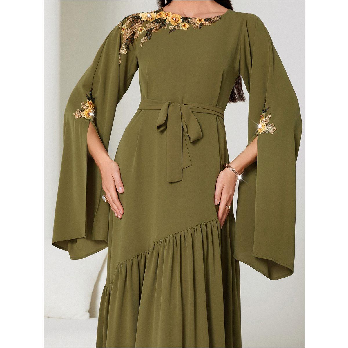 Styli Floral Embroidery Split Sleeve Ruffle Hem Belted Maxi Dress-women-clothing-dresses-image-3