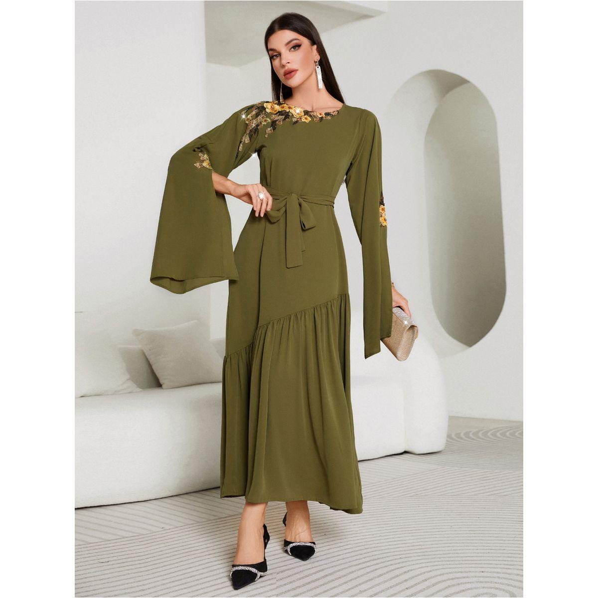 Styli Floral Embroidery Split Sleeve Ruffle Hem Belted Maxi Dress-women-clothing-dresses-image-4