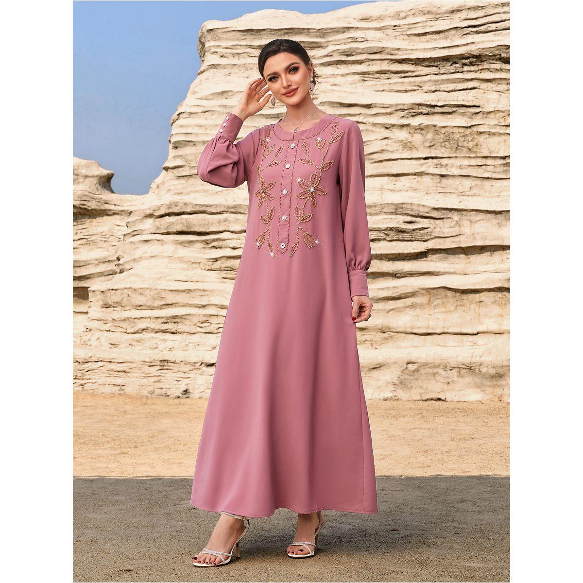 Styli Floral Embroidered Round Neck Button Front Jalabiya-women-arabicclothing-jalabiyas-image-2
