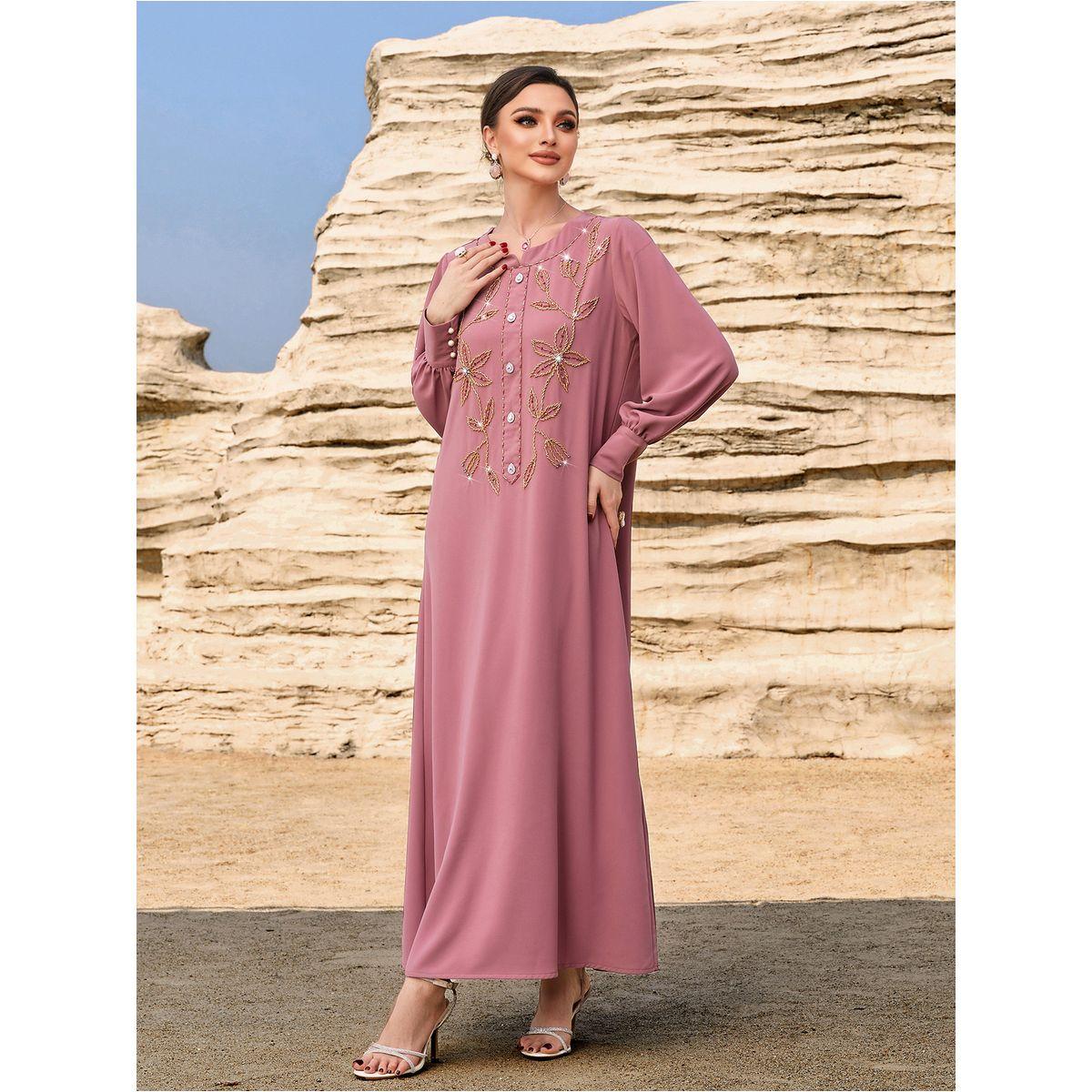 Styli Floral Embroidered Round Neck Button Front Jalabiya-women-arabicclothing-jalabiyas-image-4