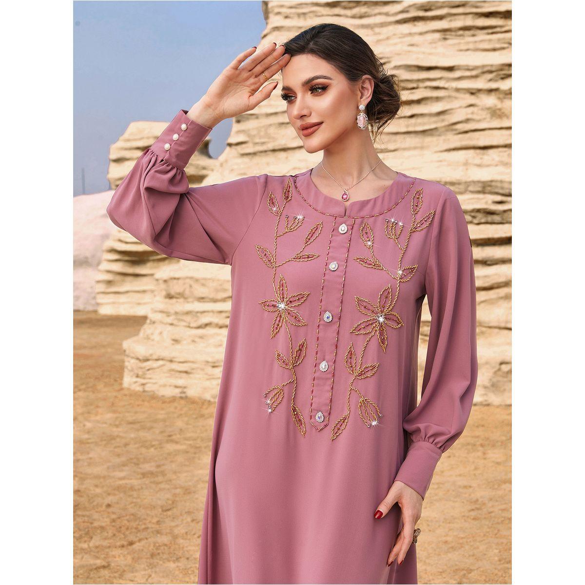 Styli Floral Embroidered Round Neck Button Front Jalabiya-women-arabicclothing-jalabiyas-image-5