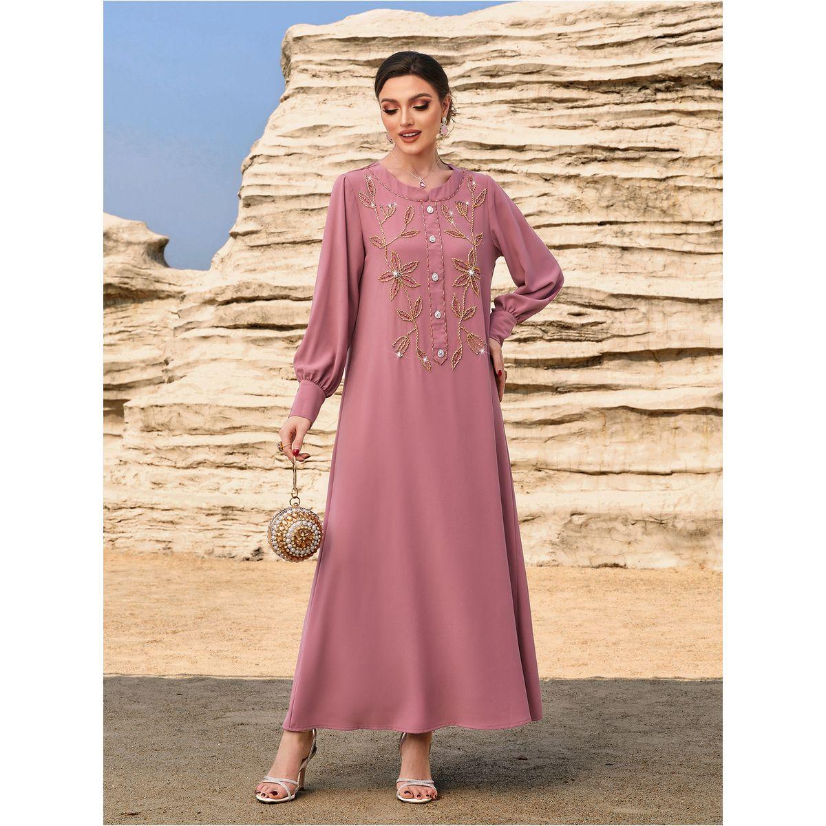 Styli Floral Embroidered Round Neck Button Front Jalabiya-women-arabicclothing-jalabiyas-image-6