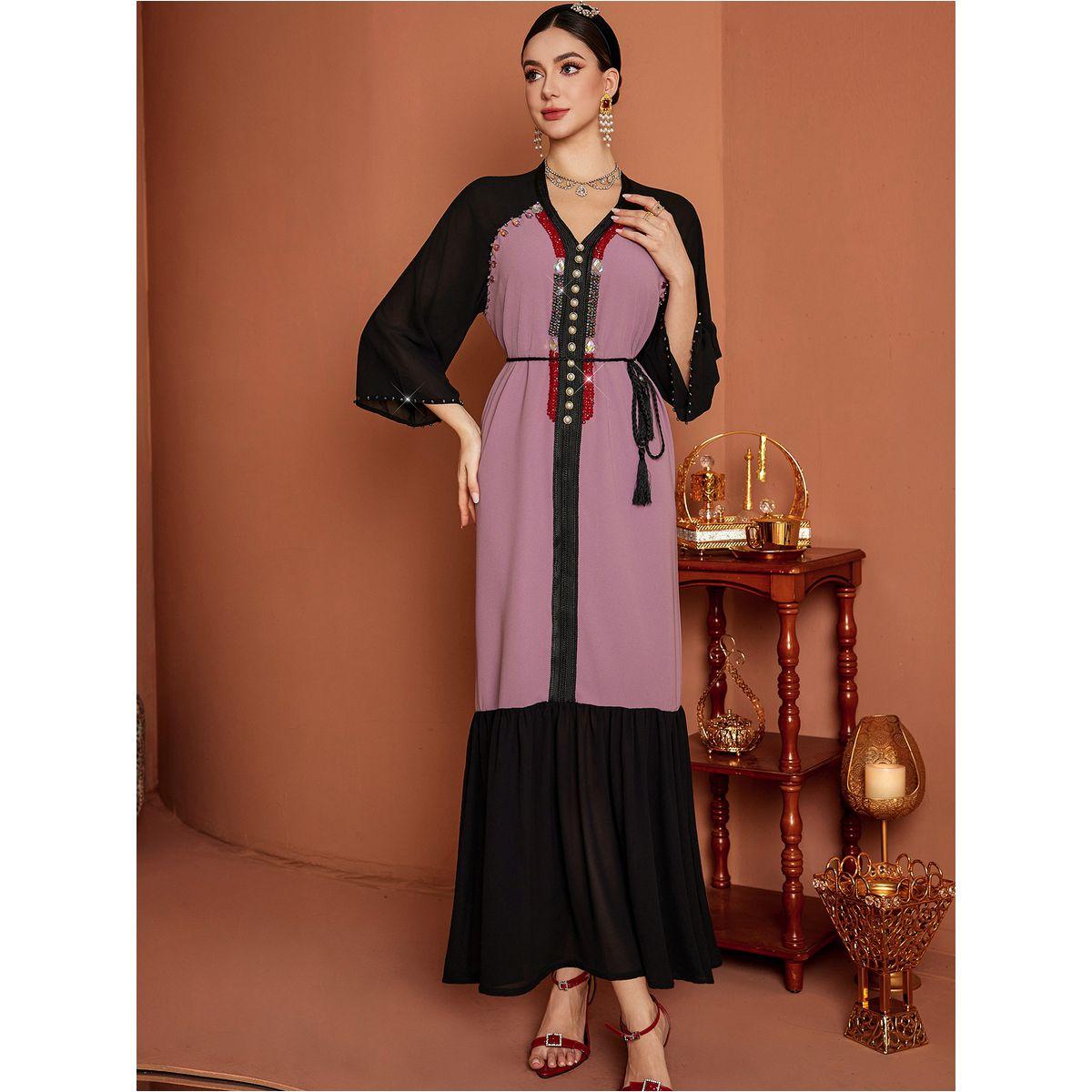 Styli Embellished Color Block Beaded Ruffle Hem Jalabiya-women-arabicclothing-jalabiyas-image-1