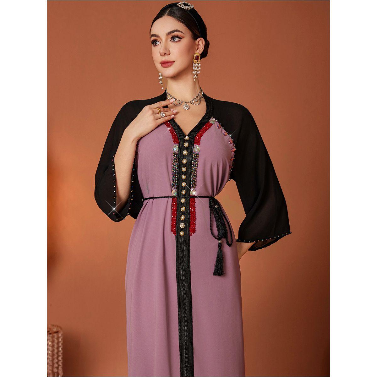 Styli Embellished Color Block Beaded Ruffle Hem Jalabiya-women-arabicclothing-jalabiyas-image-2