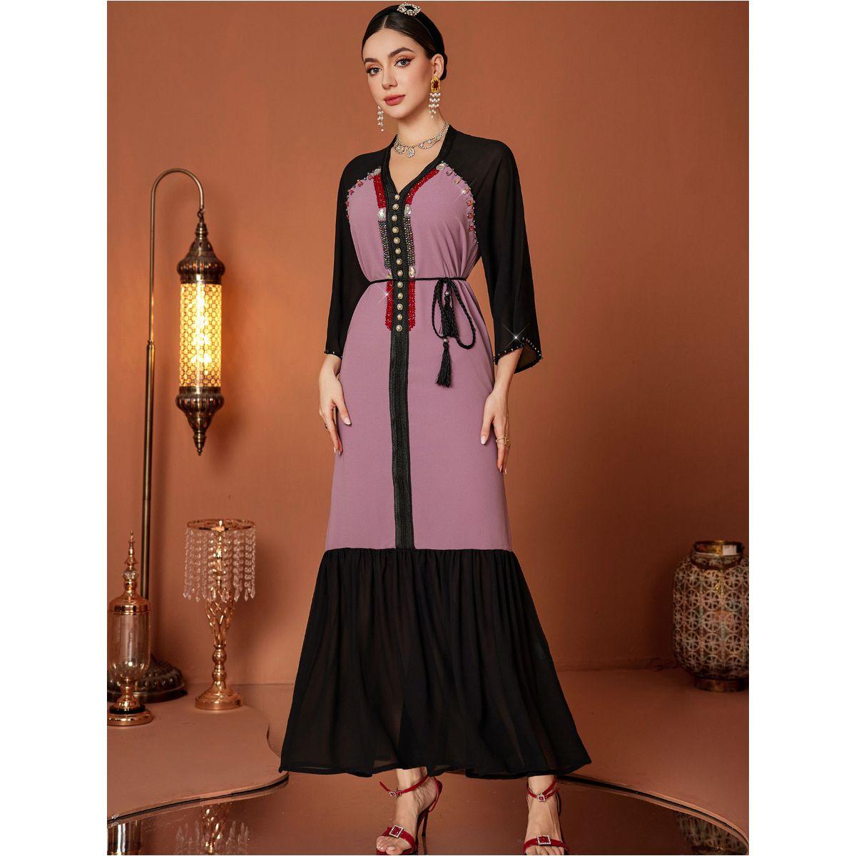 Styli Embellished Color Block Beaded Ruffle Hem Jalabiya-women-arabicclothing-jalabiyas-image-3