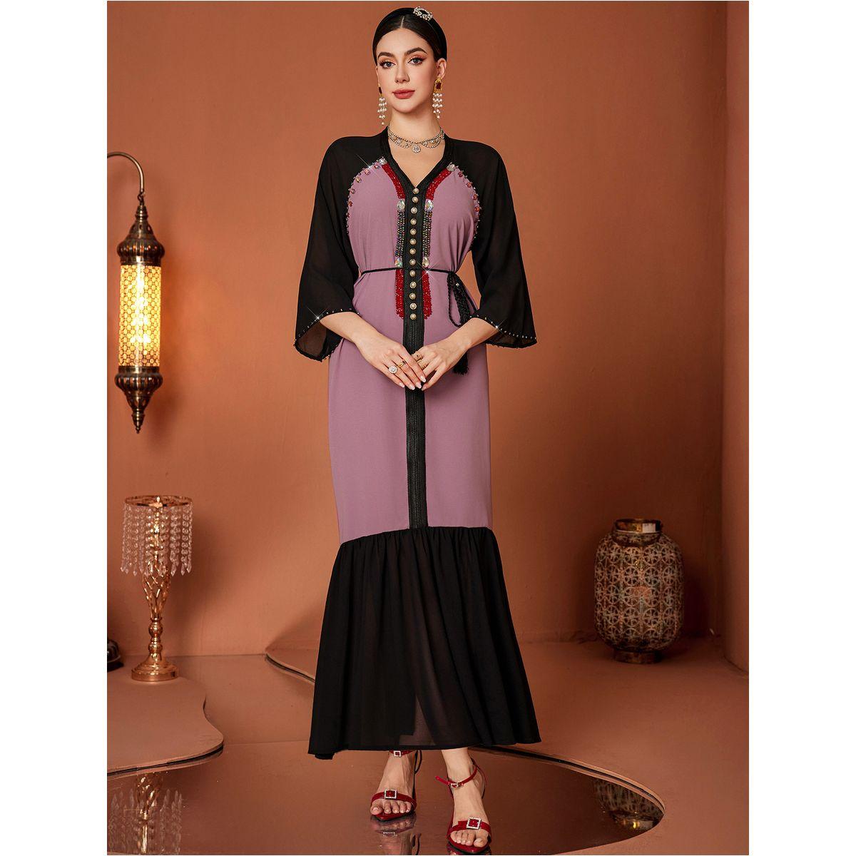 Styli Embellished Color Block Beaded Ruffle Hem Jalabiya-women-arabicclothing-jalabiyas-image-4